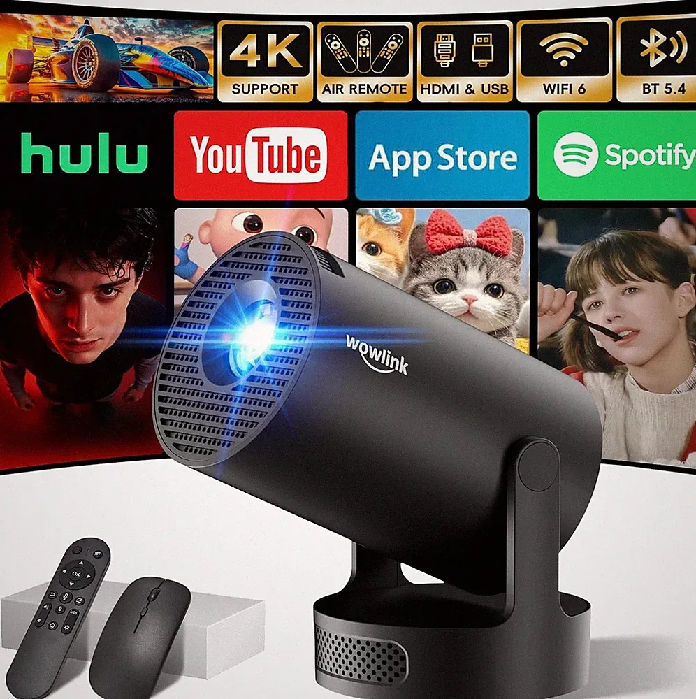 Mini Beamer mit Air-Remote – 4K HDR, WiFi 6, Bluetooth 5.4, 180° Dreh
