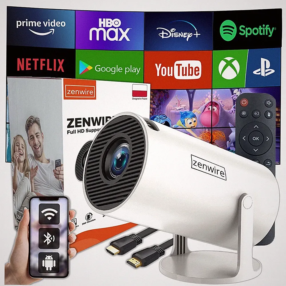 Mini Beamer mit Android – 4K Full HD Tragbarer Projektor, 360 Grad Drehbare Halt