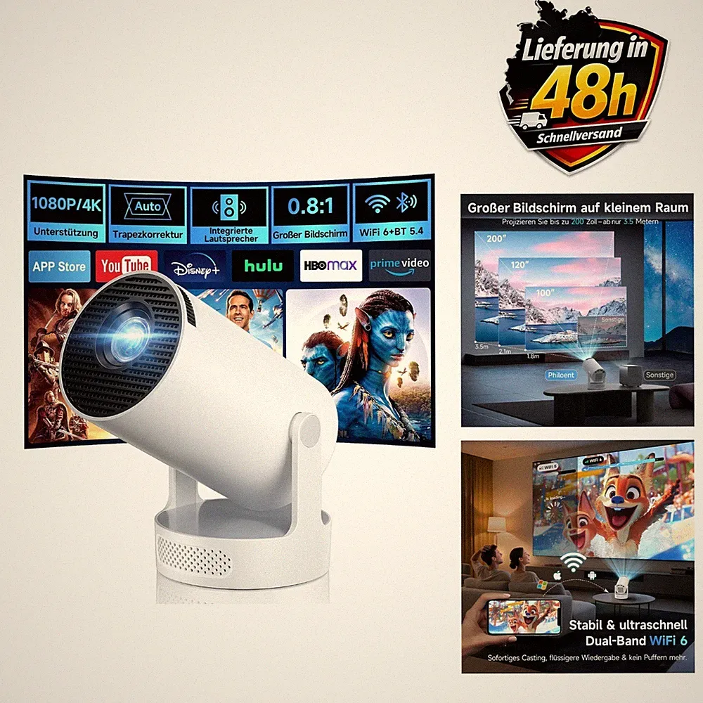 Mini Beamer Philoent 4K Unterstützung Full HD 1080p WiFi 6 Bluetooth