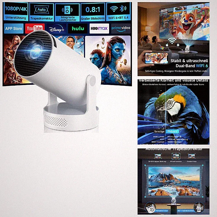 Mini Beamer Philoent Smart Projektor 4K 1080P WiFi 6 Bluetooth 5.4 Grauweiß