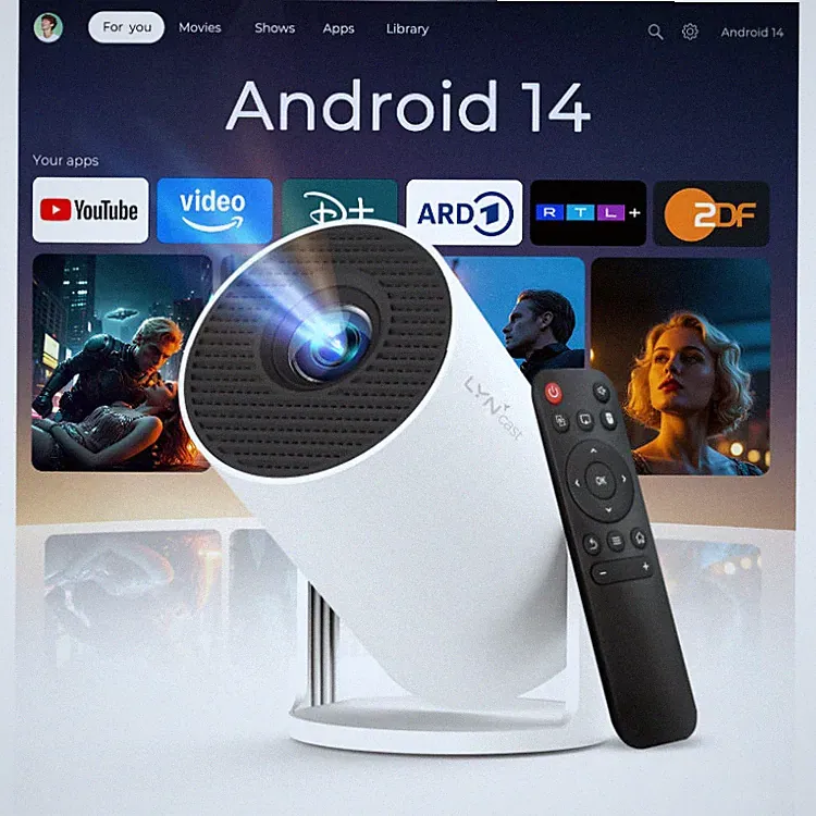 Mini Beamer Projektor Tragbar 4K Android 14 WLAN Bluetooth 5 HDMI 300 Lumen