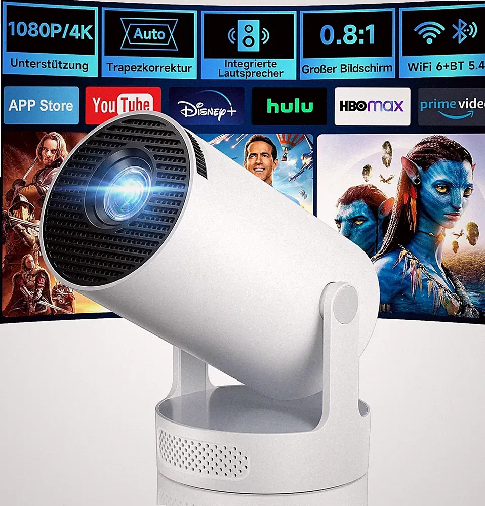 Mini Beamer, Smart Projektor 4K/1080P Unterstützt Neueste Apps Wifi 6 Bluetooth