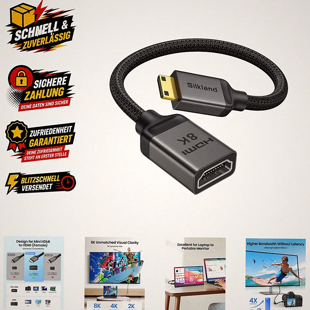 Mini HDMI auf HDMI Adapter 8K 60Hz 4K 120Hz für Kamera Laptop Beamer und TV