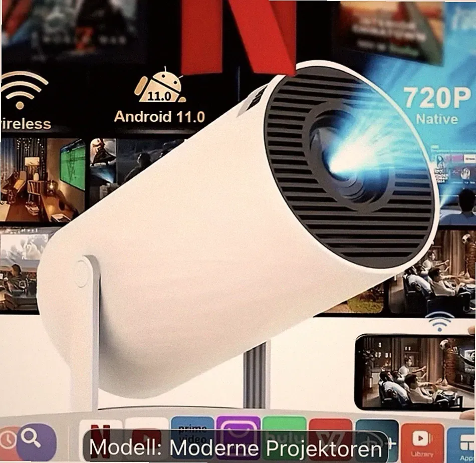Mini Heimkino Beamer Weiß 720P Android 11 WiFi 6 BT 5.4 4K Support Keystone