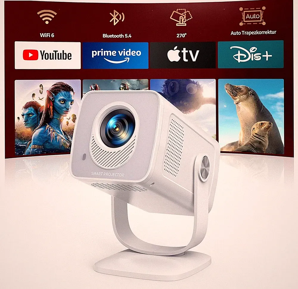 Mini Projektor 4K 1080P WiFi Bluetooth Beamer für Heimkino Unterhaltung