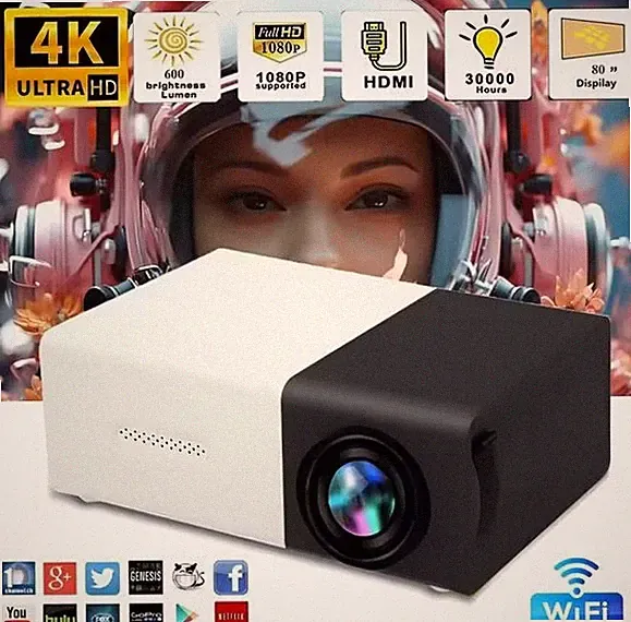 Mini-Projektor 4K YG300 LED HDMI, USB, TF-Audio VGA 320 x 240 Pixel 600 Lumens