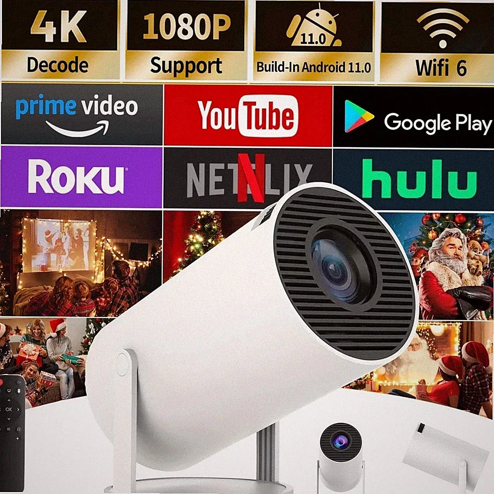 Mini Projektor Tragbar Beamer 4K UHD WiFi6 / Bluetooth Android TV Heimkino Video