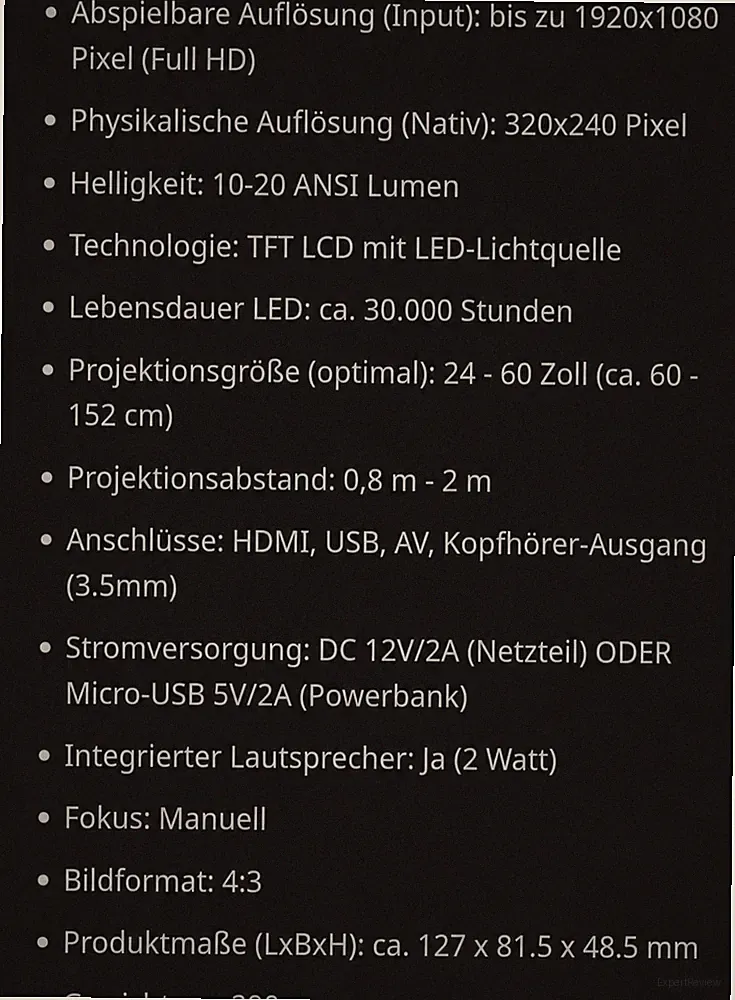 Mini TFT LCD LED Desktop-Projektor 320x240, 10–20 ANSI, HDMI/USB/AV, 1080p