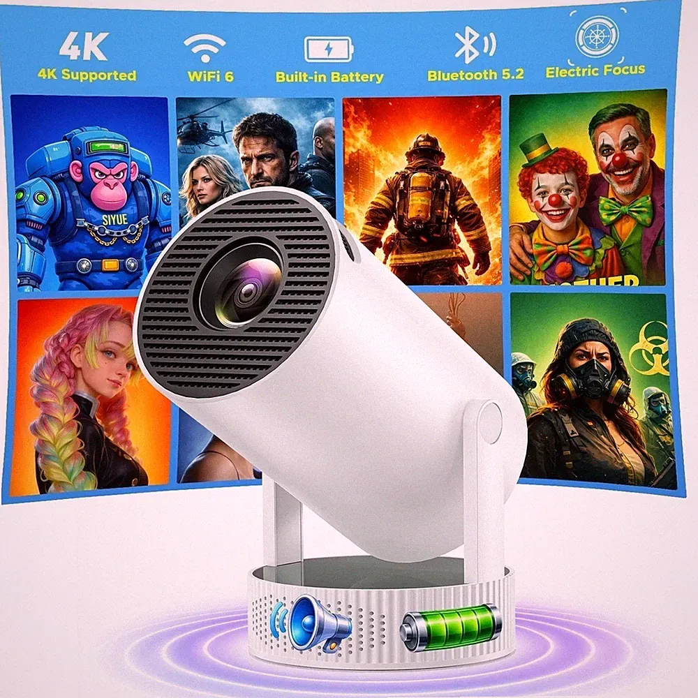 NEU Mini Tragbar Akku Beamer Projektor 4K UHD WiFi Bluetooth Android TV Heimkino