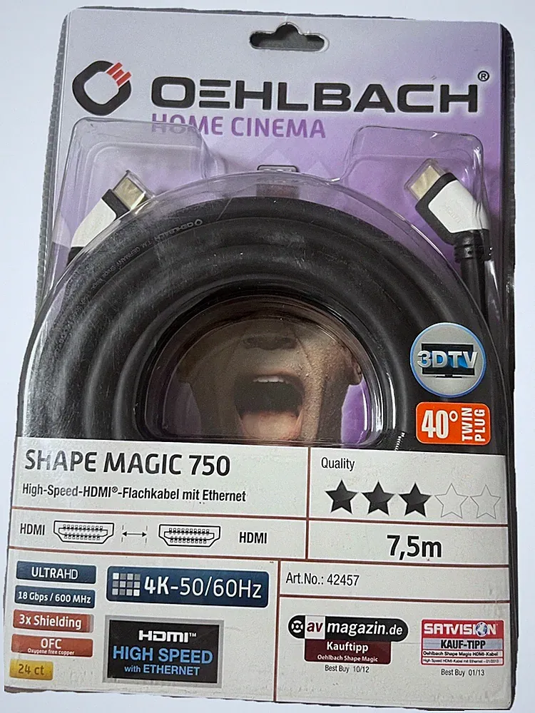 Oehlbach HDMI-Kabel 7,5 m – High Speed mit Ethernet für TV, Beamer & Heimkino