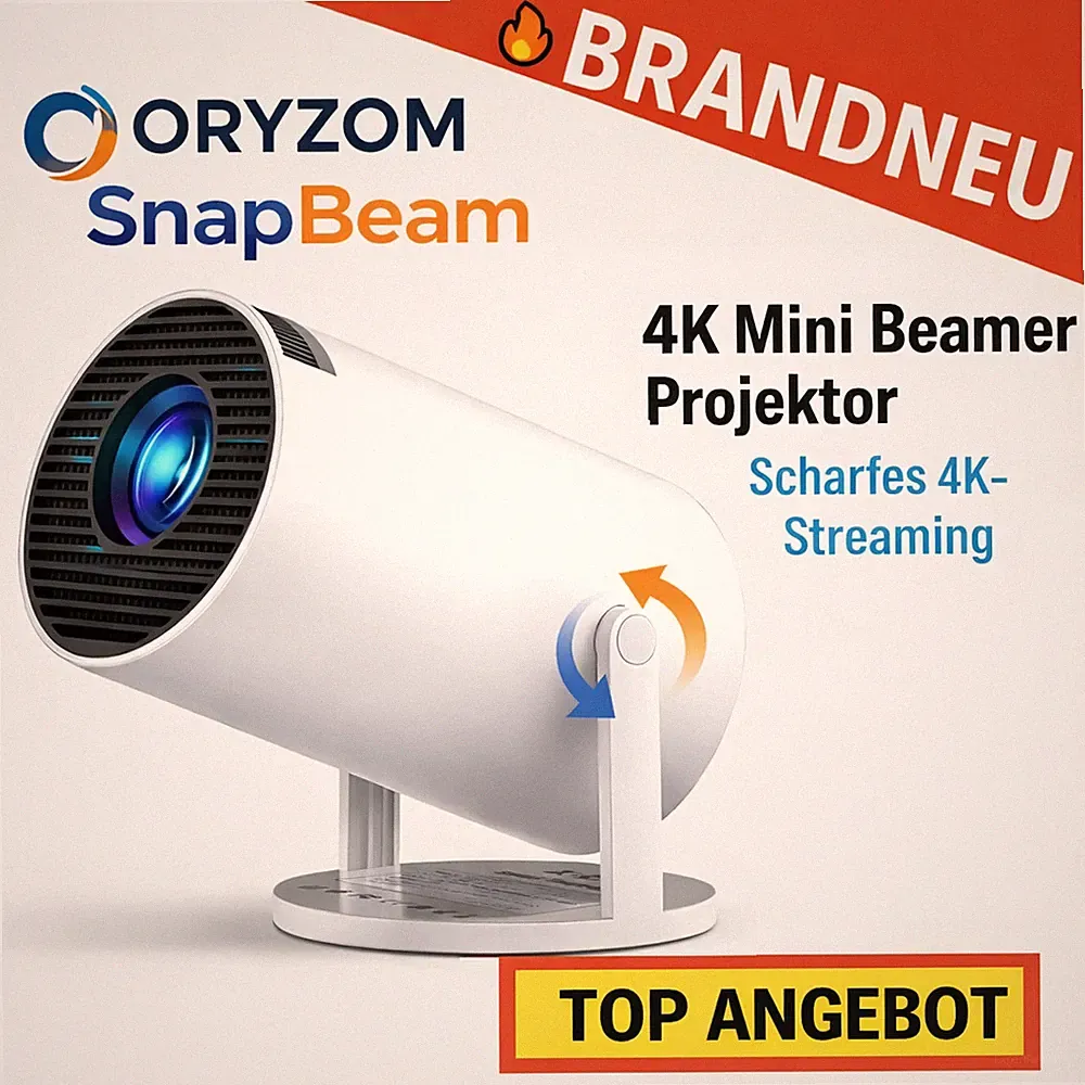 Oryzom™ SnapBeam Tragbarer 4K Mini Beamer Projektor WiFi6 Bluetooth 5 Android TV