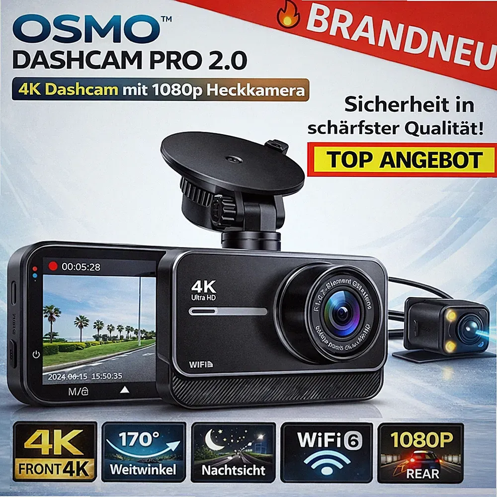 Osmo™ Dashcam Pro 2.0 4K Dashcam mit 1080p Heckkamera WiFi Weitwinkel Nachtsicht
