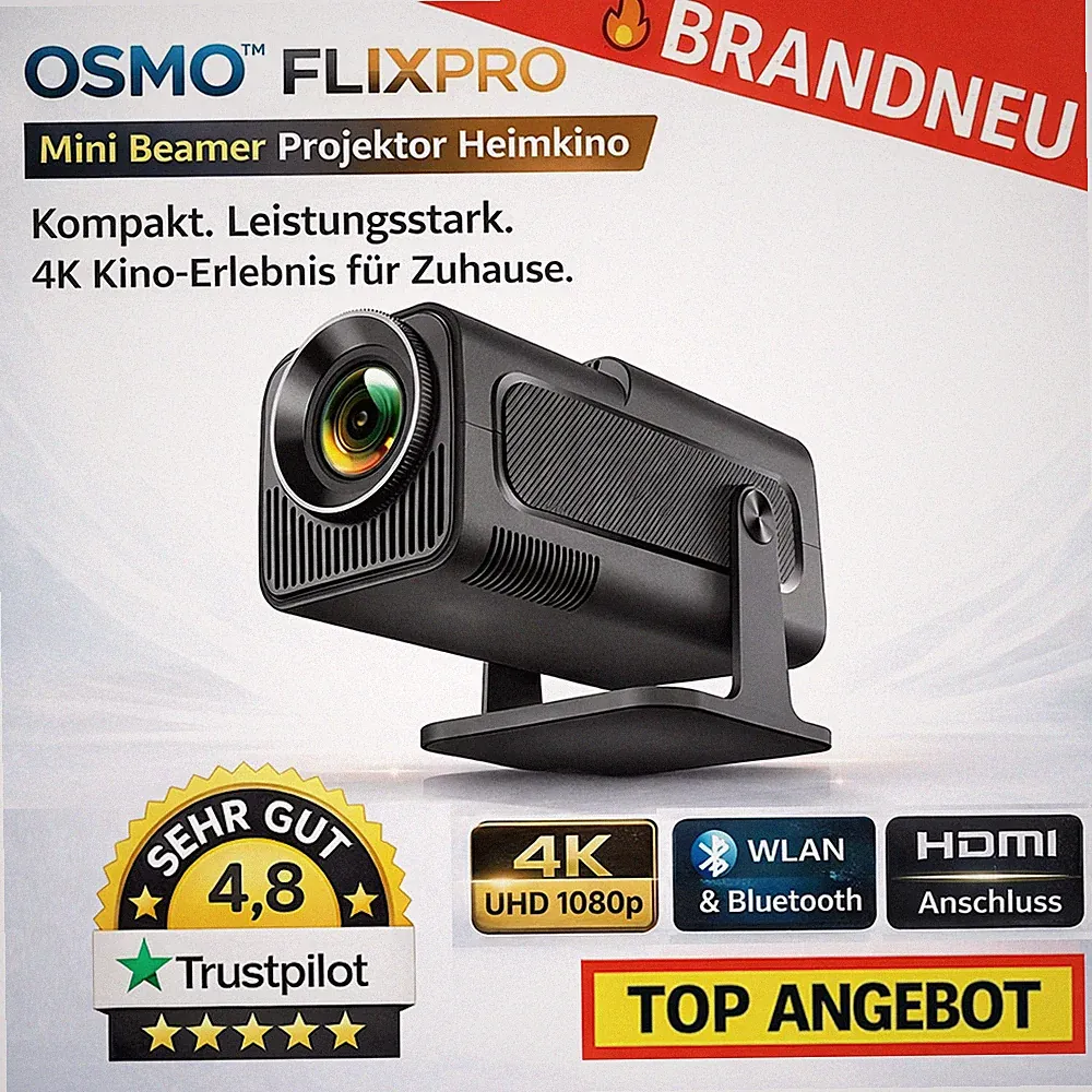 Osmo™ FlixPro Mini Beamer Projektor Heimkino WLAN 6 Bluetooth 4K 1080p LED HDMI