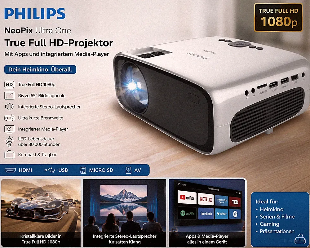 Philips NeoPix Ultra One Full HD Heimkino Beamer LED HDMI USB Media Player