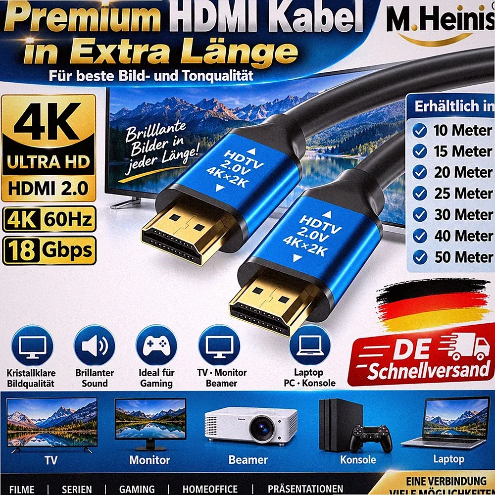 Premium HDMI Kabel – 4K Ultra HD | HDMI 2.0 | HDR XXL Längen bis 50m Gold plated