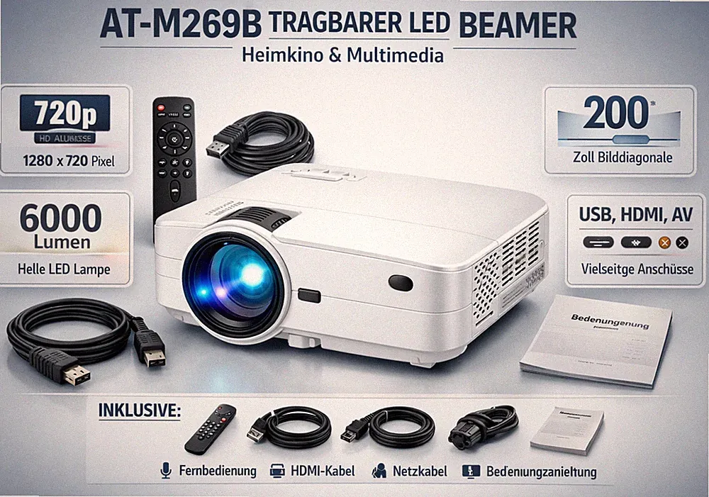 Projector AT-M269B Tragbarer LED Beamer für Heimkino & Multimedia Weiß OVP