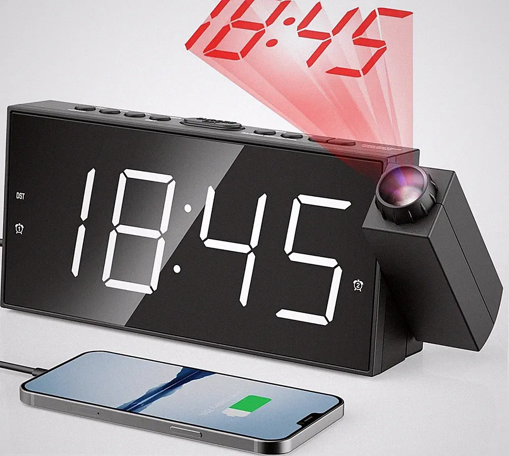 Projektionswecker Digital 7" LED 180° Projektor USB Akku Snooze 12/24h