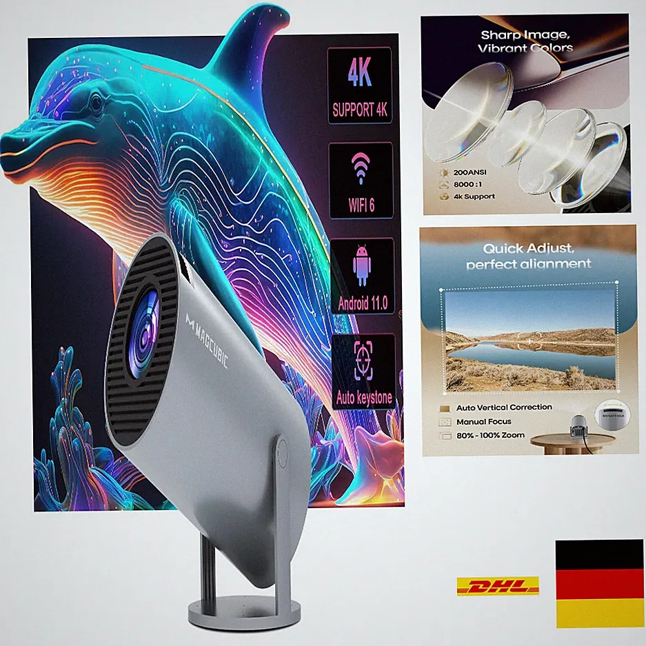 Projektor 4K 130 Zoll WiFi6 Bluetooth 200 ANSI Lumen Heimkino Unterhaltung