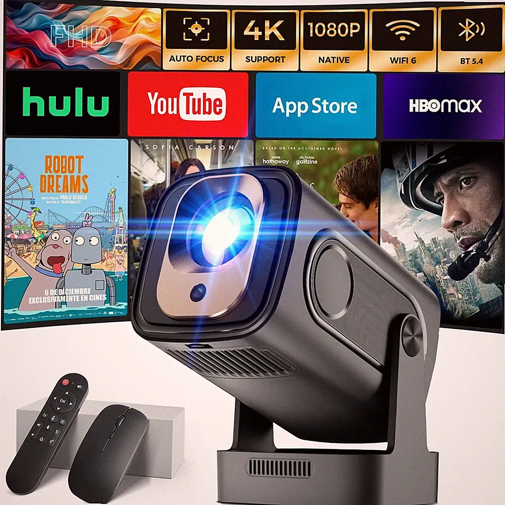 Projektor [Autofokus & 1080P Native & Integrierte Apps] 4K Unterstützung Auto Schwarz