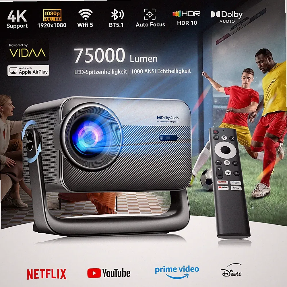 PV1000 Max Smart Projektor 75000 Lumen WiFi 6 Dolby Audio Heimkino VIDAA OS