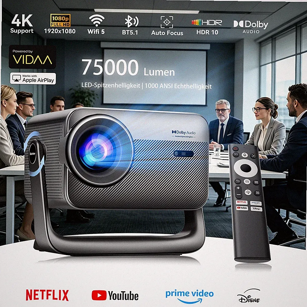 PV1000 Max Smart Projektor 75000 Lumen WiFi 6 Dolby Audio VIDAA OS Büro Heimkino