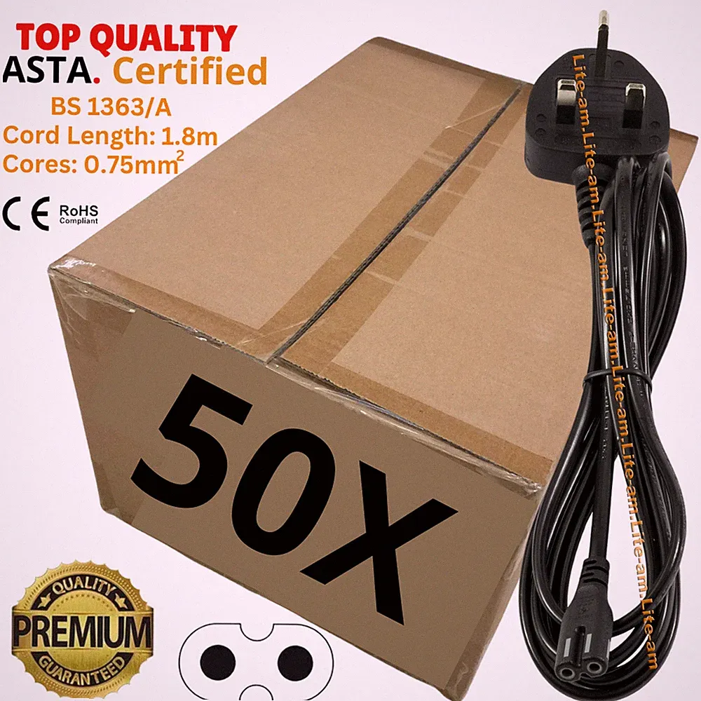 Schwarz - Großpackung Posten 50 2 m C7 Figur 8 Fig8 UK 2-polig Laptop TV LCD Netzkabel