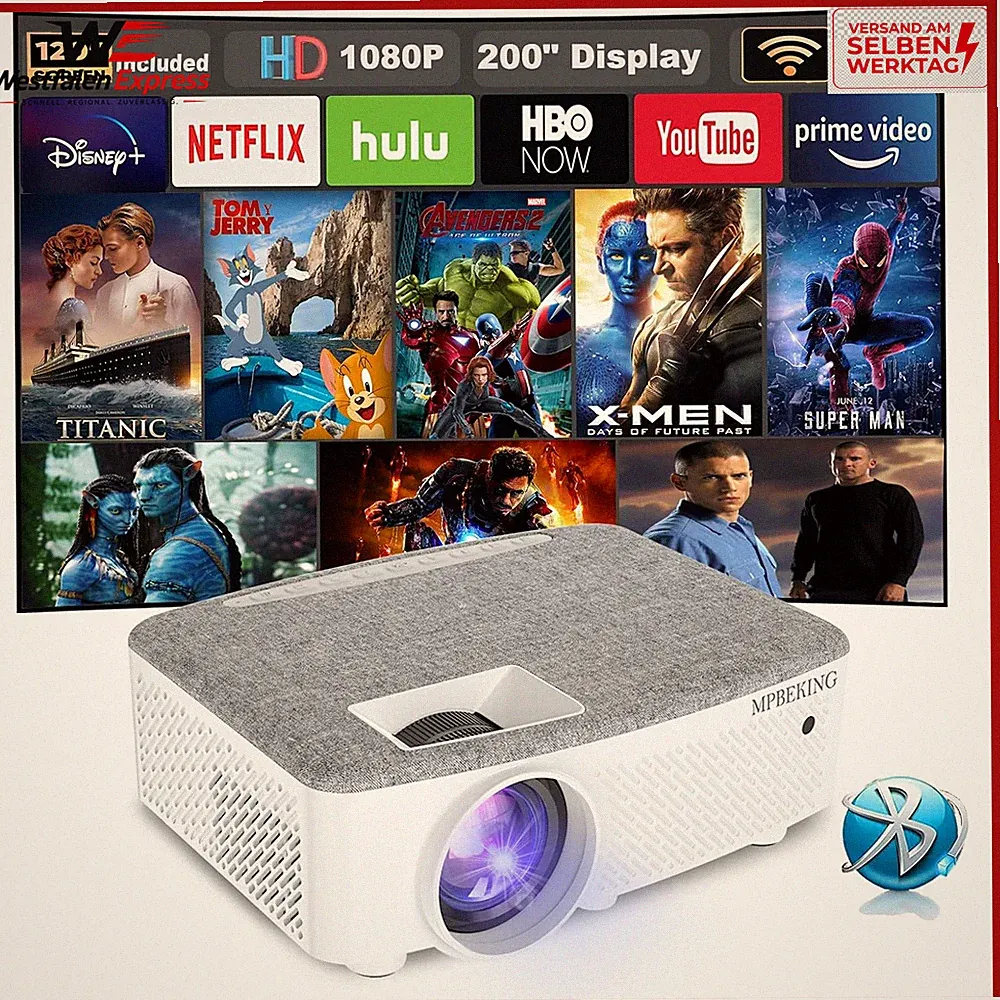 Smart Beamer 1080P 4K 7500 Lumen WLAN BT Autofokus inkl. 120 Zoll Leinwand