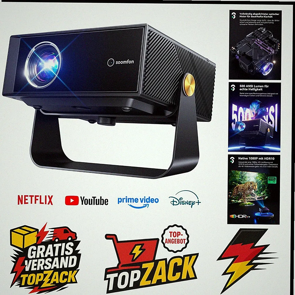 Smart Beamer 4K Heimkino - Kleiner Beamer für Handy Autofokus ＆ Trapezkorrekt...