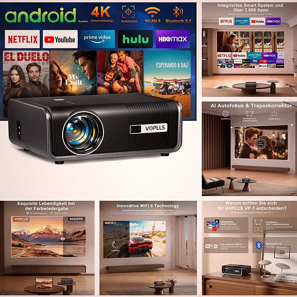 Smart Beamer Full HD 1080p, 4K Support, VOPLLS WIFI6, Bluetooth, Heimkino