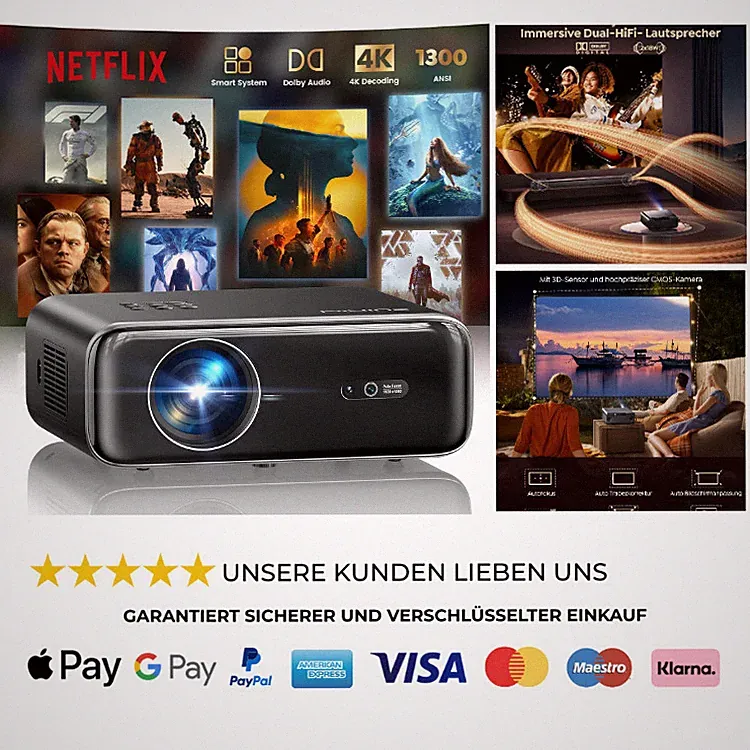 Smart Beamer mit Netflix Dolby Audio WiMiUS 1300 ANSI 6D Trapezkorre