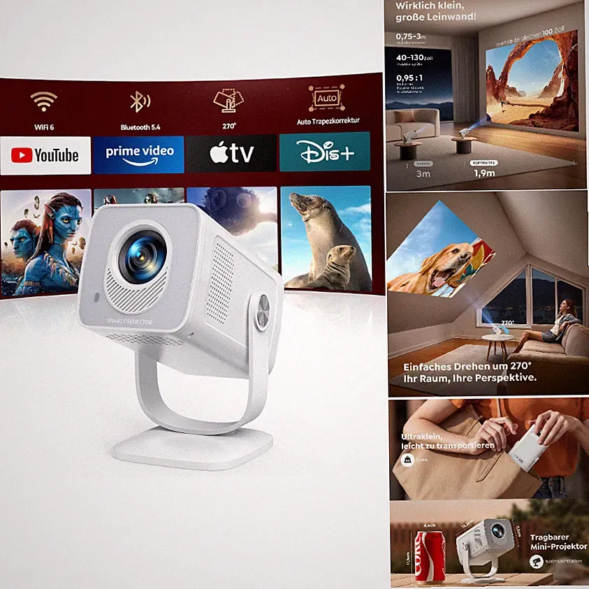 Smart Beamer TP2 4K WiFi 6 Bluetooth 5.4 Tragbarer Projektor