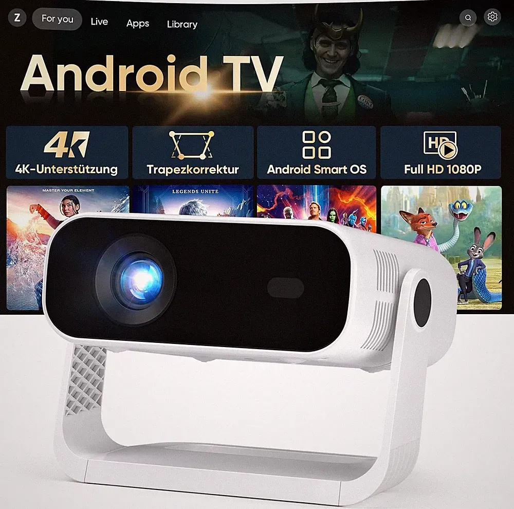 Smart Mini Beamer 4K Android 14 WLAN6 Bluetooth 5.2 20000LM Heimkino Projektor H
