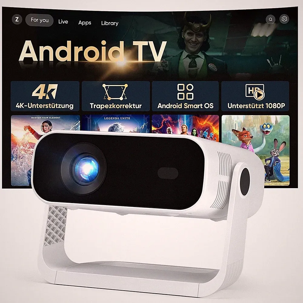 Smart Mini Beamer – Android 14, 4K/1080p, WiFi6, BT5.2, Auto-Trapez, HDMI/PC, Ha