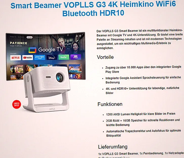 Smart Projector Google TV/Offizielle App: VOPLLS Projector 4K Home Cinema 1200AN