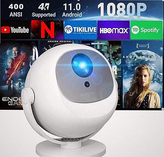 Smart Projektor 4K Unterstützung Mini Tragbarer Projektor mit 360° Drehbar mit Wifi
