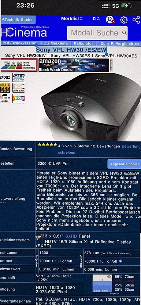 Sony VPL-HW30ES Full HD 3D Heimkino Beamer Projektor + Elektrischer Leinwand