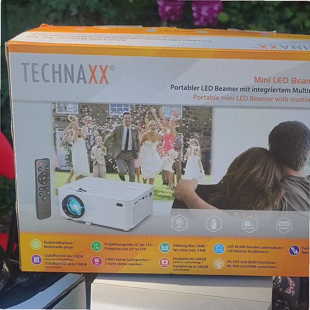 Technaxx Mini LED Beamer 1080p tragbar weiß 16:9 HDMI USB AV VGA Lautspr.