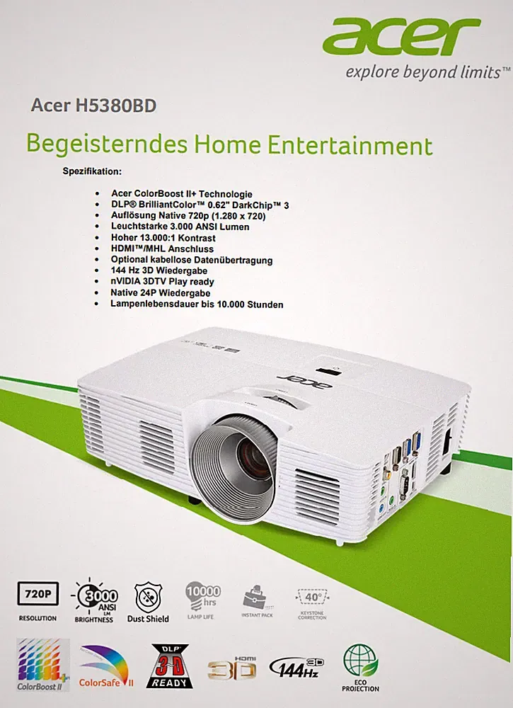 TOP High End Full-HD Beamer Acer H5380BD@ 3.000 AnsiLumen @ Flüsterleise @144Hz