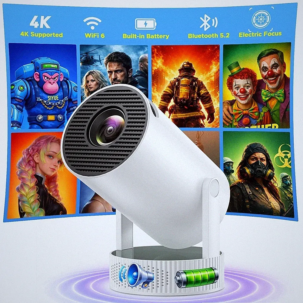 Tragbar Mini Beamer Akku Projektor Android 5G 4K UHD WiFi Bluetooth TV Heimkino