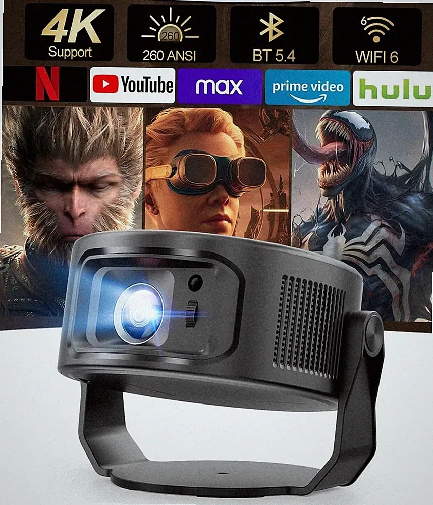 Tragbarer 4K Projektor 260 ANSI 10Bit HDR, faltbar Split, WLAN Bluetooth