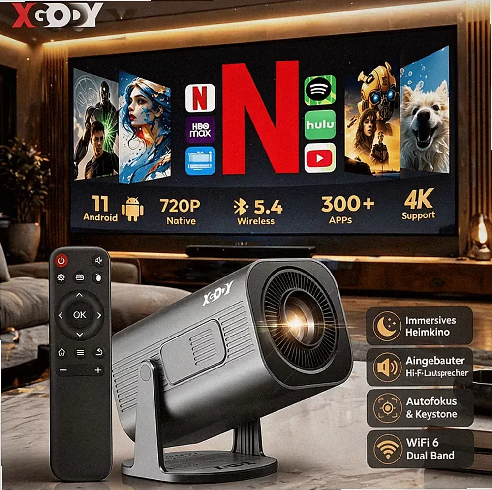 Tragbarer Projektor, Mini Beamer, Heimkino, Android 11, 4K Unterstützung