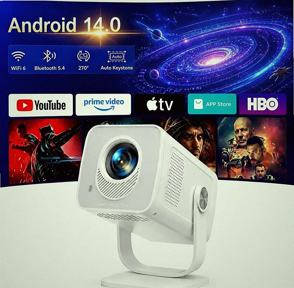 TRO TP2 Mini Beamer Tragbar 4K Unterstützt Android 14 WiFi 6 Bluetooth 5.4 HDMI