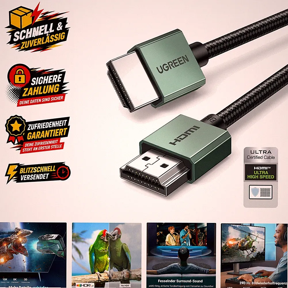 Ugreen HDMI Kabel 2m 8K 120Hz geflochten schlank für Gaming Konsole und TV