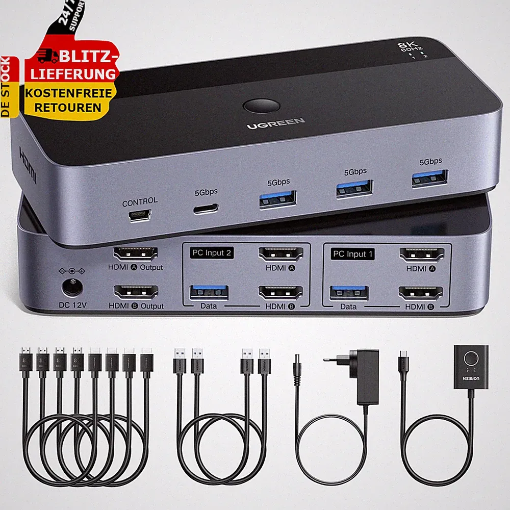 UGREEN HDMI KVM Switch 2 PC 2 Monitore 8K60Hz 4K240Hz Tastatur & Desktop 4 USB