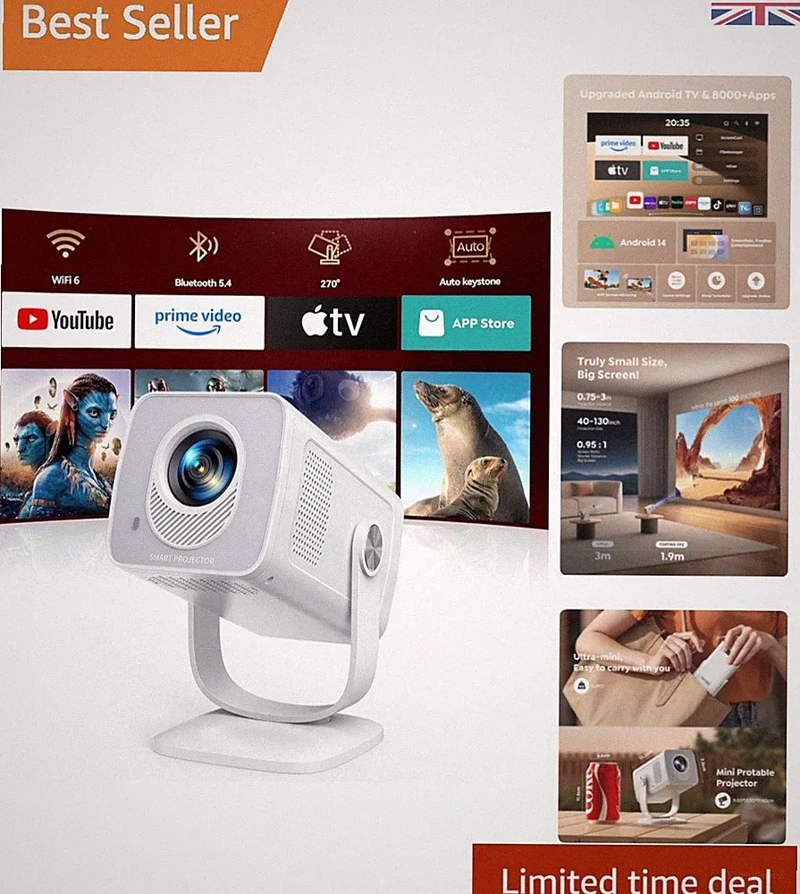 Ultrakompakter 1080P Mini Projektor mit integriertem Android TV & Auto Keystone