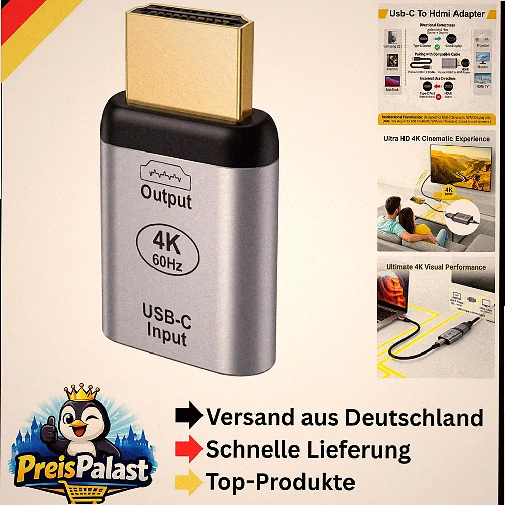 USB C auf HDMI Adapter 4K 60Hz Kompakt für Monitor Fernseher Beamer