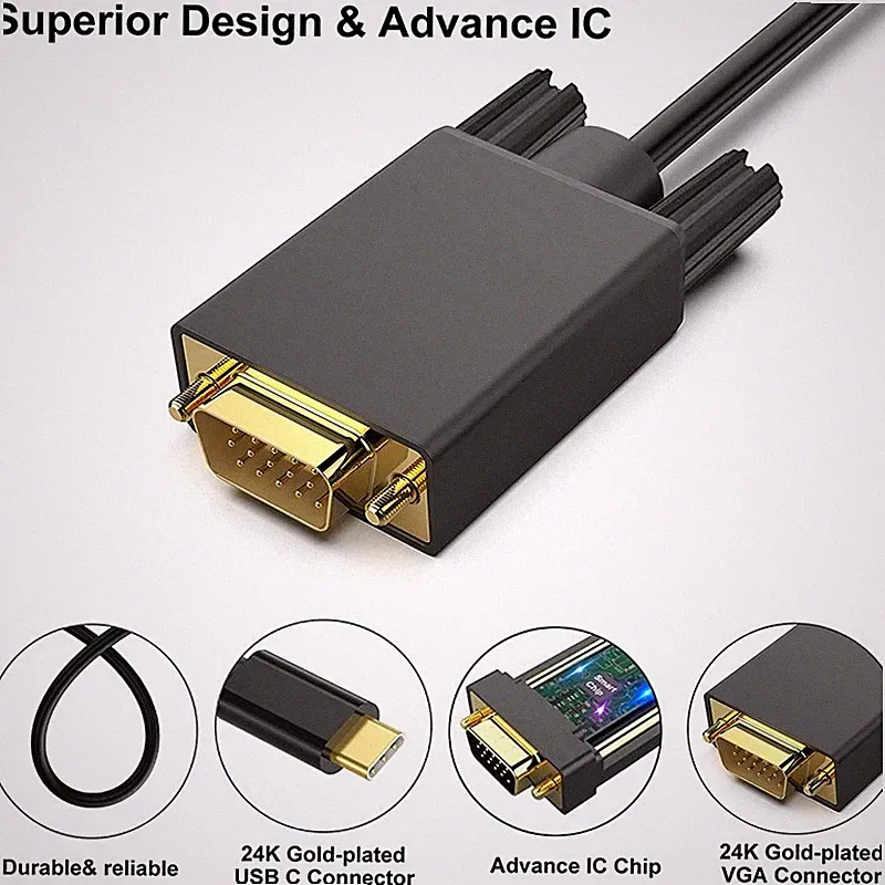 USB-C auf VGA Adapterkabel für Monitor Projektor TV Display FULL HD 1080P
