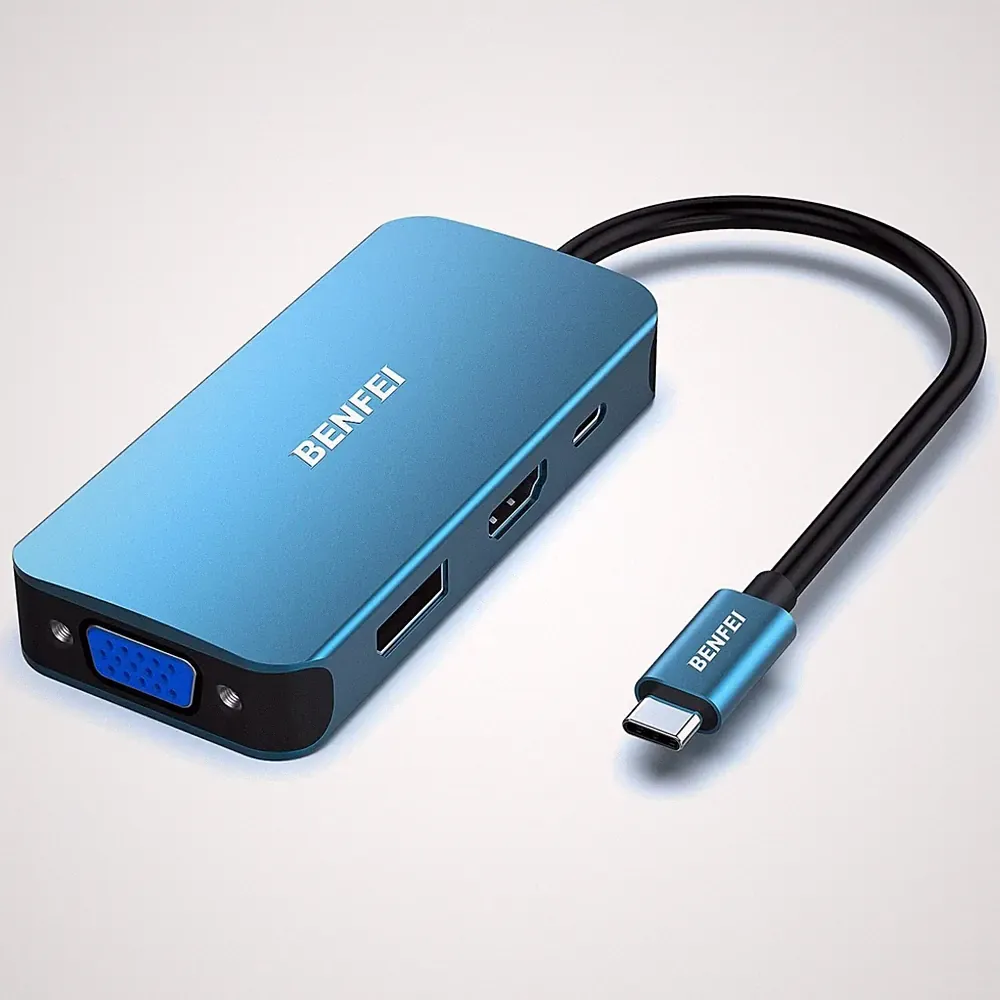 USB C Hub 4-in-1, HDMI, VGA, DisplayPort, 100W Power Delivery, kompatibel