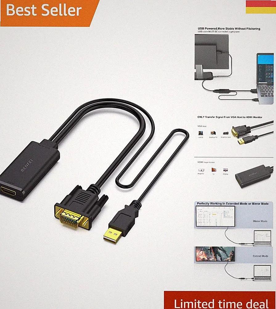 VGA zu HDMI Adapter mit Audio – für Filme, Spiele & Präsentationen