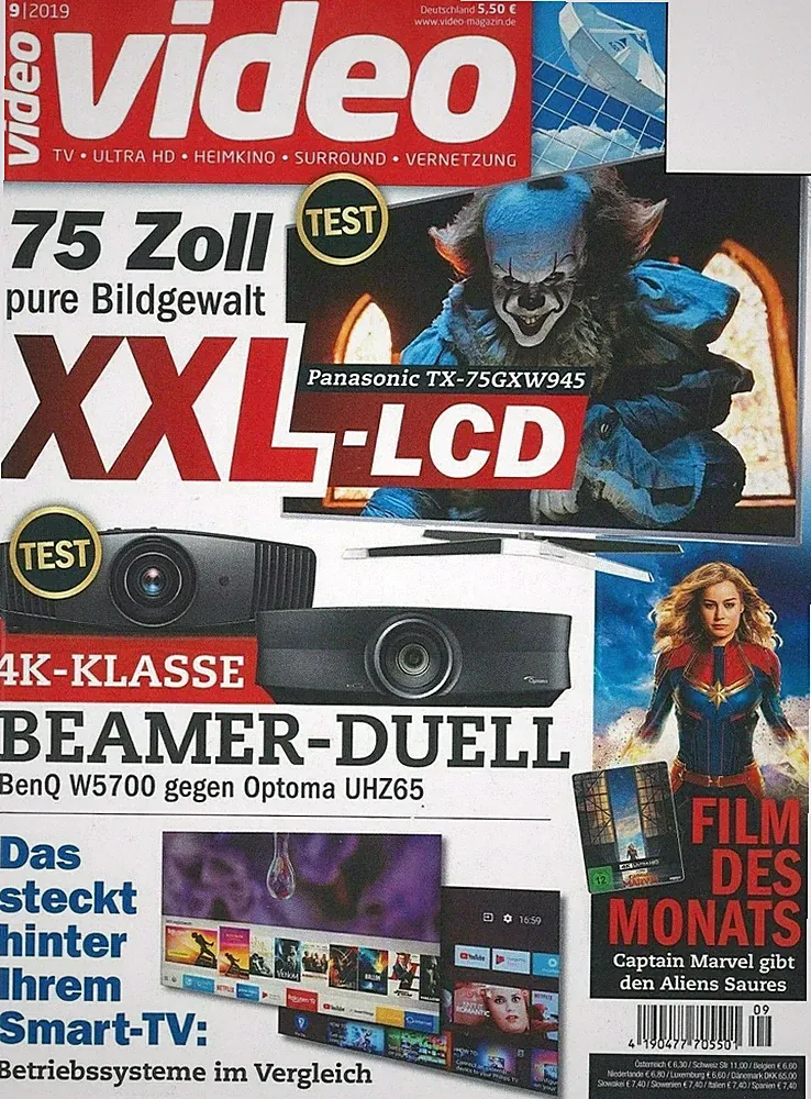 video - 9/2019 - 75 Zoll pure Bildgewalt XXL-LCD, 4K-Klasse Beamer Duell
